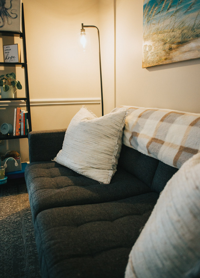 Inside picture of Carolina Counseling, black colored couch with light colored pillows - Carolina Counseling in NC